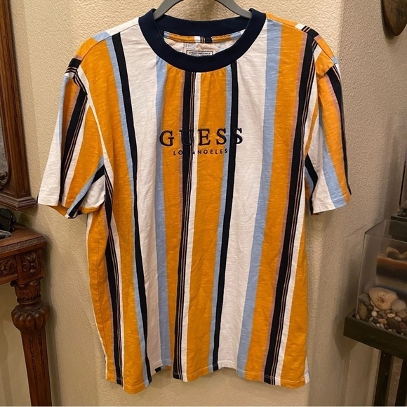 GUESS Men Multicolor Striped Embroidered Short Sleeve Top Size Medium - Picture 1 of 6